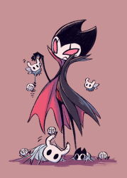 1boy 1other black_cape bug cape closed_mouth commentary_request fuifui grimm_(hollow_knight) holding hollow_knight horned_mask knight_(hollow_knight) mask red_background red_eyes silk simple_background spider spider_web wings