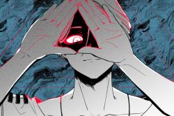 Rule 34 | 1boy, b1ue e4rth, blue background, closed mouth, colored lineart, greyscale with colored background, hands up, looking at viewer, looking through fingers, male focus, meguriya ayumu, open hands, shirt, short hair, smile, solo, toshi densetsu kaitai center, triangle hands, upper body