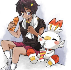 1girl artist_name black_shirt bottle closed_eyes dark-skinned_female dark_skin drinking drinking_straw food-themed_hair_ornament gen_8_pokemon hair_ornament holding holding_towel lemon_hair_ornament make_heroine_ga_oo_sugiru! nintendo originbeginer pokemon pokemon_(creature) red_shorts scorbunny shirt short_hair short_sleeves shorts sitting smile socks sports_bottle towel white_socks