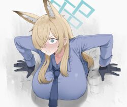 1girl animal_ears black_gloves blonde_hair blue_archive blue_eyes blush breasts dog_ears gloves gurenola hair_over_one_eye halo highres kanna_(blue_archive) large_breasts long_hair necktie sharp_teeth sidelocks teeth through_wall