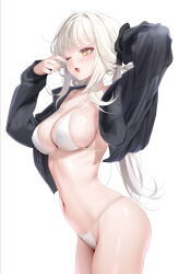 Rule 34 | 1girl, absurdres, arm up, bikini, black jacket, blanc (nikke), breasts, cleavage, cowboy shot, crop top, cropped jacket, goddess of victory: nikke, hashtag-only commentary, highres, jacket, large breasts, long hair, long sleeves, navel, one eye closed, open clothes, open jacket, open mouth, revision, rubbing eyes, ruhee, simple background, solo, stomach, swimsuit, thighs, white background, white bikini, yellow eyes