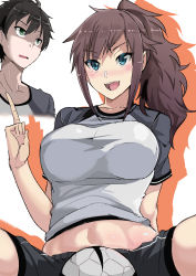 1boy 1girl :d absurdres arm_support ball black_hair blue_eyes breasts fang highres julioalqae large_breasts long_hair navel open_mouth original short_sleeves shorts sidelocks sitting smile soccer_ball soccer_uniform sportswear spread_legs stomach sweat tsurime wavy_hair