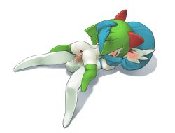 1boy 1girl alternate_color anus ass blush closed_eyes colored_skin cowgirl_position erection gaping gardevoir gen_3_pokemon girl_on_top green_hair green_thighhighs half-closed_eyes hetero horns hug kirlia loli lying nintendo on_back open_mouth penis pokemon pokemon_(creature) pussy red_eyes sex shiny_pokemon simple_background straddling tears thighhighs tosx vaginal white_background white_skin