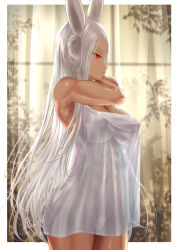 1girl abs animal_ears arm_across_neck armpit_crease artist_name bare_arms bare_shoulders boku_no_hero_academia border breasts cleavage colored_pubic_hair commentary covered_abs covered_erect_nipples covered_navel covered_pussy curtains dark-skinned_female dark_skin dress female_focus female_pubic_hair highres kein_hasegawa large_breasts long_eyelashes long_hair looking_ahead mirko muscular muscular_female naked_dress parted_bangs parted_lips pubic_hair rabbit_ears rabbit_girl red_eyes see-through_clothes see-through_dress see-through_silhouette solo sweat thighs uncensored very_long_hair white_border white_dress white_hair window