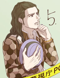 Rule 34 | 1boy, bag, bead bracelet, bead necklace, beads, beard stubble, bracelet, brown jacket, caution tape, countdown, earrings, facial hair, gold bracelet, green background, grey eyes, hand on own chin, hat, hijiri jyouji, holding, holding unworn clothes, holding unworn hat, jacket, jewelry, long hair, male focus, mustache stubble, necklace, ring, shin megami tensei, shin megami tensei iii: nocturne, shoulder bag, solo, stroking own chin, stubble, thinking, unworn hat, unworn headwear, upper body, watabashi yf