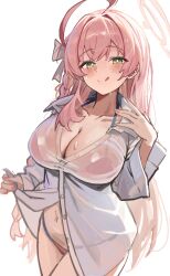 1girl absurdres ahoge bikini blue_archive braid breasts buttoned_shirt cleavage clothes_lift collarbone cowboy_shot curvy dress_shirt green_eyes hair_between_eyes halo hanako_(blue_archive) hanako_(swimsuit)_(blue_archive) highres large_breasts licking_lips long_hair looking_at_viewer navel nexon p1n pink_hair pink_halo ribbon see-through_clothes shirt shirt_lift sidelocks simple_background solo swimsuit tongue tongue_out very_long_hair wet wet_clothes white_background white_shirt