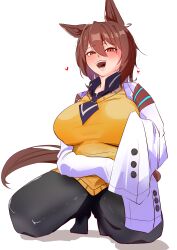 1girl absurdres agnes_tachyon_(umamusume) animal_ears arm_across_waist black_necktie black_pantyhose black_shirt blush breasts brown_hair coat collared_shirt hair_between_eyes heart highres horse_ears horse_girl horse_tail kneeling lab_coat large_breasts long_sleeves medium_hair necktie nekomeharu0608 open_clothes open_coat open_mouth pantyhose red_eyes shirt short_necktie simple_background sleeves_past_fingers sleeves_past_wrists smile solo sweater tail umamusume weapon white_background white_coat yellow_sweater