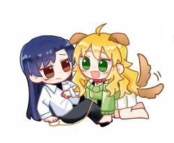 2girls ahoge all_fours animal_ears black_pants blonde_hair blue_hair brown_eyes chibi chiwawa174 closed_mouth collared_shirt dog_ears dog_tail eye_contact full_body green_eyes green_sweater highres hoshii_miki idolmaster idolmaster_(classic) jitome kemonomimi_mode kisaragi_chihaya long_hair long_sleeves looking_at_another multiple_girls open_mouth pants shirt simple_background sitting smile sweater tail tail_wagging white_background white_shirt