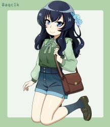 1girl alternate_costume aqclk bag blue_eyes blue_hair brown_bag brown_shoes casual denim denim_shorts eclair_(girls_und_panzer) girls_und_panzer girls_und_panzer_gekitou!_maginot-sen_desu!! green_ribbon green_shirt grey_socks hair_ribbon highres holding holding_bag long_hair long_sleeves pabst_blue_ribbon ribbon shirt shoes short_shorts shorts side_slit side_slit_shorts smile socks twitter_username