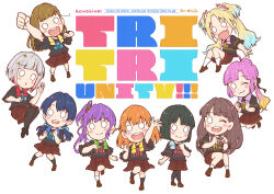 0_0 3rd_live_tour_try_tri_unity!!! four-finger_heart_hands 6+girls :d :o ;3 ;d ahoge anyoji_hime arm_up black_hair black_pantyhose black_ribbon black_shirt black_shoes blonde_hair blue_hair blue_ribbon blunt_bangs blunt_ends blush bob_cut braid brown_hair brown_shoes brown_skirt center-flap_bangs clenched_hands closed_mouth clothes_writing colored_inner_hair commentary_request crossed_bangs dark_blue_hair deformed diagonal_bangs fang flower fujishima_megumi gradient_hair grey_hair hair_bun hair_flower hair_ornament hair_ribbon hands_up hasu_no_sora_school_uniform heart heart_hands highres hinoshita_kaho inverted_bob kachimachi_kosuzu light_blue_hair link!_like!_love_live! loafers logo long_hair looking_at_viewer love_live! low_twintails medium_hair medium_skirt momose_ginko multi-tied_hair multicolored_hair multiple_girls murano_sayaka one_eye_closed open_hand open_mouth orange_hair osawa_rurino otomune_kozue pantyhose parted_bangs pink_flower pink_hair pleated_skirt ponytail purple_hair rabbit_hair_ornament raised_fist red_flower red_hair ribbon sakuma_yoru school_uniform shirt shoes short_hair side_ahoge side_braids side_ponytail sidelocks simple_background single_side_bun skin_fang skirt smile split_mouth star_(symbol) star_hair_ornament straight_hair streaked_hair teeth twintails two_side_up upper_teeth_only very_long_hair virtual_youtuber white_background winter_uniform yugiri_tsuzuri