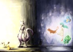 1girl ambertwo_(pokemon) arms_behind_back bulbasaur charmander dress eye_contact floating floating_hair gen_1_pokemon green_hair highres legendary_pokemon light long_hair long_sleeves looking_at_another meowth mewtwo nintendo pikachu pokemon pokemon:_the_first_movie_-_mewtwo_strikes_back pokemon_(anime) pokemon_(classic_anime) pokemon_(creature) red_footwear shadow slippers squirtle standing white_dress