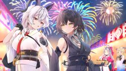 4girls absurdres adapted_costume aerial_fireworks ahoge bare_shoulders black_eyes black_gloves black_hair black_horns black_kimono blurry blurry_background breasts carlotta_(wuthering_waves) cartethyia_(wuthering_waves) cleavage closed_mouth commentary_request cross-laced_clothes cross-laced_top curled_horns earrings female_rover_(wuthering_waves) fireworks food gloves hair_between_eyes hair_ribbon hand_on_own_hip highres horns japanese_clothes jewelry key_earrings kimono large_breasts matcha_tea_fuji multicolored_eyes multiple_girls necktie night open_mouth outdoors pangu_terminal_(wuthering_waves) red_eyes red_necktie remnant_cube_(wuthering_waves) ribbon rover_(wuthering_waves) smile takoyaki triangle_earrings two-tone_eyes upper_body white_kimono wuthering_waves yellow_eyes yellow_ribbon zani_(wuthering_waves)