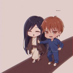 Rule 34 | absurdres, akigure1, blocking, chibi, clogs, closed eyes, fruits basket, haori, highres, japanese clothes, kimono, light frown, long hair, long sleeves, obi, orange eyes, orange hair, pants, purple hair, red carpet, sash, shadow, shoes, smile, sneakers, sohma kyou, souma ren (kuromiya), twitter username, white kimono