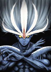 1boy 1girl black_background black_nails blue_skin colored_sclera colored_skin commentary english_commentary fingernails highres kazesayuru long_fingernails mixed-language_commentary muscular muscular_male neo_dio sharp_fingernails simple_background solo tall_hair world_heroes yellow_eyes yellow_sclera