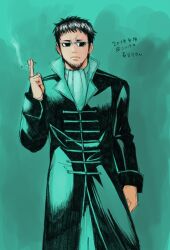 Rule 34 | 1boy, aqua ascot, aqua background, aqua coat, arm at side, beard, black hair, cigarette, closed mouth, coat, commentary, commentary request, dated, facial hair, feet out of frame, frown, gintama, glasses, hand up, hasegawa taizou, holding, holding cigarette, long coat, long sleeves, looking at viewer, male focus, official alternate costume, popped collar, short bangs, short hair, smoke, smoking, solo, standing, sunglasses, takaking