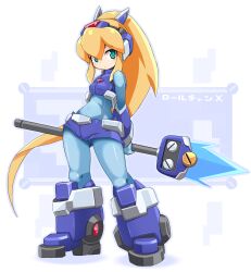 1girl alternate_costume armor armored_boots arms_behind_back blonde_hair blue_bodysuit blue_boots blue_eyes blue_gloves blue_shorts blue_vest bodysuit boots breasts chest_jewel closed_mouth covered_navel gauntlets gloves green_eyes hair_between_eyes hair_ornament hairband headgear headphones highres holding holding_polearm holding_weapon joints karukan_(monjya) long_hair long_sleeves looking_at_viewer mecha_musume mechanical_boots mega_man_(classic) mega_man_(series) mega_man_x_(series) polearm ponytail robot_joints roll_(mega_man) shorts sidelocks solo strapless turtleneck vest weapon