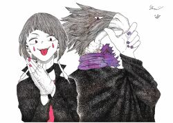1boy 1girl absurdres beak bird_boy black_cloak black_jacket boku_no_hero_academia choker cloak commentary_request fingerless_gloves furry furry_male gloves hand_on_own_chin hatching_(texture) highres jacket jiro_kyoka linear_hatching nail_polish own_hands_together profile purple_eyes purple_scarf red_eyes red_shirt scarf shirt signature tokoyami_fumikage tongue tongue_out upper_body white_background woven_hatching yonezu_kenshi