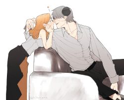 1boy 1girl black_pants black_skirt blonde_hair couch elbow_rest eyepatch franken_stein_(soul_eater) grey_hair hetero highres hissiu leaning long_hair long_skirt long_sleeves looking_at_another marie_mjolnir on_couch open_mouth pants shirt shirt_tucked_in short_hair simple_background sitting skirt sleeveless sleeveless_shirt smile soul_eater standing stitched_face stitches white_background white_shirt yellow_eyes