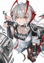1girl arknights black_gloves black_skirt breasts brown_eyes cleavage doctor_(arknights) fingerless_gloves gloves grey_hair hanging_breasts highres horns kneeling large_breasts multicolored_hair red_horns red_streaks skirt solo_focus sweatdrop two-tone_hair w_(arknights) watanab1019 white_background