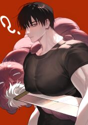 Rule 34 | 1boy, black shirt, compression shirt, covered erect nipples, cursed spirit (jujutsu kaisen), fushiguro touji, highres, huge pectorals, inverted spear of heaven (jujutsu kaisen), jujutsu kaisen, large pectorals, looking at viewer, male focus, mature male, muscular, muscular male, pectorals, red background, shirt, short hair, simple background, solo, tight clothes, tight shirt, veins, veiny arms, veiny neck, wariawabi, worm