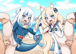 2boys 2girls absurdres animal_ears beach blonde_hair breasts cat_ears cum cum_in_pussy exhibitionism female_focus fins fish fish_girl fish_tail fishgirl gawr_gura group_sex highres hololive hololive_english hololive_myth long_hair multiple_boys multiple_girls ocean penis public_indecency public_nudity pussy sameko_saba sex shark shark_tail sharp_teeth small_breasts tail teeth vampy_squid virtual_youtuber white_hair