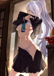 1girl abs backlighting black_serafuku black_shirt black_skirt blue_eyes breasts closed_mouth clothes_lift clothes_pull cluseller commission cowboy_shot eyes_visible_through_hair fundoshi green_neckerchief hair_over_one_eye heterochromia indoors japanese_clothes large_breasts lifting_own_clothes long_hair long_sleeves looking_at_viewer miniskirt muscular muscular_female navel neckerchief original pixiv_commission pleated_skirt ponytail red_eyes sarashi school_uniform serafuku shirt shirt_lift silver_hair skindentation skirt skirt_pull solo stomach sword underboob undressing v-shaped_eyebrows very_long_hair warrior weapon