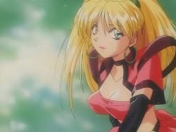 1990s_(style) 1girl ;) animated animated_gif blonde_hair blue_eyes bouncing_breasts breasts burn-up burn-up_w falling female_focus kawai_yumi kinezono_rio long_hair nipples official_art one_eye_closed open_mouth retro_artstyle smile solo twintails yamashita_toshinari