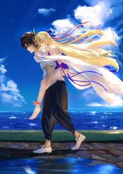 Rule 34 | 1boy, 1girl, artoria caster (fate), artoria caster (swimsuit berserker) (fate), artoria caster (swimsuit berserker) (third ascension) (fate), artoria pendragon (fate), baggy pants, bare shoulders, black hair, black pants, blonde hair, blue one-piece swimsuit, blue ribbon, blue sky, blush, carrying, carrying person, cloud, fate/grand order, fate (series), floating hair, from side, fujimaru ritsuka (male), green eyes, hair ribbon, highres, long hair, ocean, one-piece swimsuit, outdoors, pants, piggyback, ribbon, shirt, shoes, short hair, sky, swimsuit, toomishou, very long hair, water, white shirt, white shoes