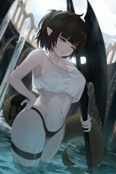 1girl absurdres arknights axe bare_arms bare_shoulders black_hair black_panties blue_eyes colored_tips cropped_shirt dragon_girl dragon_tail eunectes_(arknights) hand_on_own_hip highres holding holding_axe jambaeng multicolored_hair navel no_bra panties partially_submerged pointy_ears shirt solo stomach tail tank_top thigh_strap two-tone_hair underwear white_shirt white_tank_top
