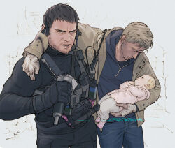 Rule 34 | 1girl, 2boys, arm around shoulder, artist name, baby, bandaged hand, bandages, beard, black gloves, black pants, black shirt, blonde hair, blue hoodie, blue pants, brown hair, carrying, carrying baby, carrying person, chris redfield, closed mouth, commentary, cowboy shot, ethan winters, eye contact, facial hair, father and daughter, gloves, grey eyes, gun, hashtag-only commentary, headset, holding, holstered, hood, hood down, hoodie, jacket, looking ahead, looking at another, male focus, multiple boys, open clothes, open jacket, pants, resident evil, resident evil village, rosemary winters, sardine (kjr0313), shirt, short hair, tactical clothes, turtleneck, walkie-talkie, weapon, yellow jacket