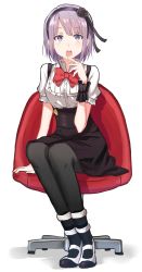 Rule 34 | 10s, 1girl, black flower, black rose, blush, breasts, chair, dagashi kashi, female focus, finger to mouth, flower, full body, hair flower, hair ornament, hair ribbon, hairband, high-waist skirt, highres, kenkaizar, large breasts, looking at viewer, open mouth, pantyhose, purple eyes, purple hair, ribbon, ringed eyes, rose, shidare hotaru, shoes, short hair, sitting, skirt, solo, wrist cuffs