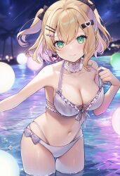 1girl alternate_costume aria_(ariacue) bare_arms bare_shoulders bikini blonde_hair blurry blurry_background bow breasts choker cleavage closed_mouth colored_inner_hair commentary cross-laced_bikini cross-laced_clothes double-parted_bangs frilled_choker frills front-tie_bikini_top front-tie_top green_eyes hair_between_eyes hair_bow hair_ornament hairclip halterneck heart heart_hair_ornament highleg highleg_bikini highres kurumi_noah large_breasts looking_at_viewer multi-strapped_bikini_bottom multicolored_hair navel night night_sky outdoors parallel_hairclips purple_hair shooting_star short_hair sky smile solo swimsuit two_side_up virtual_youtuber vspo! wading white_bikini white_bow white_choker