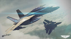 1other aircraft airplane ambiguous_gender canopy_(aircraft) cloud cloudy_sky commentary copyright_name day f-14_tomcat f/a-18e_super_hornet fighter_jet flying highres lens_flare military_vehicle missile mobius_(mobiusu14) outdoors pilot roundel sky top_gun top_gun:_maverick united_states_navy vehicle_focus