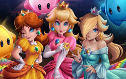 3girls bare_shoulders blonde_hair blue_eyes brown_hair detached_sleeves dress earrings gloves highres jewelry lipstick luma_(mario) makeup mario_(series) multiple_girls night night_sky nintendo one_eye_closed one_eye_covered princess_daisy princess_peach rainbow_road rosalina sky smile sofie-spangenberg star_(sky) super_mario_bros._1 super_mario_galaxy super_mario_land