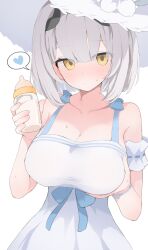 1girl armband baby bare_shoulders black_horns blue_archive blue_bow blush bottle bow breasts cleavage closed_mouth collarbone commentary demon_girl demon_horns dress grabbing_own_breast hat heart highres holding holding_bottle hone_kawa horns large_breasts looking_at_viewer milk_bottle nose_blush official_alternate_costume sena_(blue_archive) sena_(casual)_(blue_archive) short_hair simple_background solo spoken_heart sun_hat sundress sweat white_armband white_background white_dress white_hair white_hat yellow_eyes