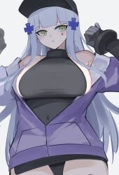 1girl baseball_cap black_hat black_leotard breasts commentary cowboy_shot girls&#039;_frontline girls&#039;_frontline_2:_exilium green_eyes grey_background grey_hair hat highres hk416_(girls&#039;_frontline) jacket klukai_(girls&#039;_frontline_2) large_breasts leotard long_hair looking_at_viewer parted_lips purple_jacket simple_background solo symbol-only_commentary teardrop_facial_mark ubah
