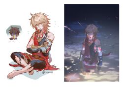 1boy absurdres aged_down barefoot black_pants chibi highres honkai:_star_rail honkai_(series) male_focus medium_hair multiple_views mydei_(honkai:_star_rail) orange_eyes orange_hair pants re_kio sitting solo torn_clothes torn_pants twitter_username white_background