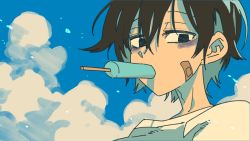 1boy bags_under_eyes bandaid bandaid_on_face black_eyes black_hair blue_sky cloud day food food_in_mouth hair_between_eyes lee_hoon looking_at_viewer outdoors parkgee popsicle popsicle_in_mouth sky solo suicide_boy