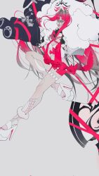 1girl absurdres baobhan_sith_(fate) baobhan_sith_(swimsuit_pretender)_(fate) baobhan_sith_(swimsuit_pretender)_(first_ascension)_(fate) breasts camisole chacha896 character_hood fate/grand_order fate_(series) full_body fur-trimmed_jacket fur_trim grey_eyes hammer headwear_with_attached_mittens highres jacket knee_up long_hair open_mouth pink_hair pink_skirt platform_heels sidelocks skirt smile solo standing standing_on_one_leg stuffed_animal stuffed_rabbit stuffed_toy white_background white_camisole white_jacket