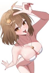 1girl absurdres ahoge anis_(nikke) anis_(sparkling_summer)_(nikke) arm_up armpits bare_arms bare_shoulders bikini brown_eyes brown_hair collarbone cowboy_shot eyepatch_bikini goddess_of_victory:_nikke hair_ornament highres jewelry l_min109 looking_at_viewer medium_hair nail_polish necklace official_alternate_costume open_mouth red_nails simple_background skindentation smile solo string_bikini swimsuit thighs tongue tongue_out v white_background white_bikini