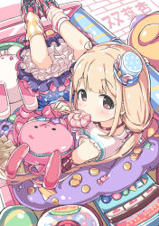 1girl blonde_hair blush brown_eyes candy choker detached_sleeves dress eating food frilled_dress frills futaba_anzu hat idolmaster idolmaster_cinderella_girls kuresuku_(lessons) legs_up lollipop long_hair looking_at_viewer loose_socks low_twintails mini_hat mini_top_hat mismatched_socks sitting socks solo stuffed_animal stuffed_rabbit stuffed_toy swirl_lollipop top_hat twintails