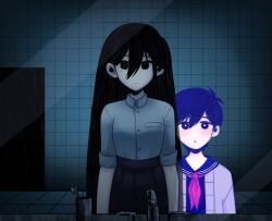 1boy 1girl :o alternate_universe arms_at_sides bathroom behind_another black_eyes black_hair blush breasts bright_pupils brother_and_sister buttons cardigan closed_mouth collared_shirt commentary cup double-parted_bangs empty_eyes english_commentary hair_behind_ear hair_between_eyes hatching_(texture) height_difference high-waist_skirt highres indoors long_hair long_hair_between_eyes looking_at_viewer mari_(faraway)_(omori) mari_(omori) neckerchief night no_pupils omocat_(style) omori open_cardigan open_clothes open_door pale_skin parted_lips pink_neckerchief purple_cardigan purple_eyes purple_hair purple_sailor_collar purple_shirt purple_skirt sailor_collar school_uniform shirt shirt_tucked_in short_hair short_sleeves siblings sink skirt small_breasts smile standing straight-on straight_hair sunny_(omori) tile_floor tile_wall tiles toothbrush upper_body very_long_hair very_short_hair vignetting white_pupils white_shirt yuunnikko