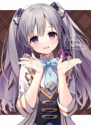 1girl :d blue_bow blush bow brown_background commentary_request grey_hair hair_between_eyes hair_bow hands_up heart highres idolmaster idolmaster_shiny_colors jacket long_hair looking_at_viewer milestone_celebration open_clothes open_jacket open_mouth plaid purple_eyes shirt skirt smile solo suimya twintails very_long_hair white_jacket white_shirt yukoku_kiriko