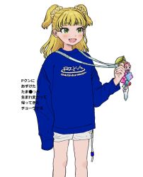 1girl blonde_hair blush character_doll charm_(object) fang green_eyes idolmaster idolmaster_cinderella_girls jougasaki_mika jougasaki_rika long_hair looking_to_the_side medallion open_mouth shorts smile solo sweater translation_request two_side_up yoshida_(yoyoyo_043)