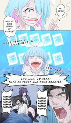 1boy 2boys 2girls arona_(blue_archive) blue_archive cigarette couch gojou_satoru japanese_text multicolored_hair multiple_boys multiple_girls sanji_(one_piece) sensei_(blue_archive) sensei_(blue_archive_the_animation) twintails two-tone_hair yuuka_(blue_archive)