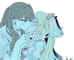 Rule 34 | 2girls, aqua neckerchief, blonde hair, blue hair, blue theme, blush, brown hair, closed mouth, commentary request, dress, ear blush, flower, fujishima megumi, gradient hair, hair flower, hair intakes, hair ornament, hand on another&#039;s back, hasu no sora school uniform, highres, holding hands, interlocked fingers, kiss, link! like! love live!, lone nape hair, long hair, love live!, mira-cra park!, multicolored hair, multiple girls, neckerchief, osawa rurino, pink flower, puffy short sleeves, puffy sleeves, purple eyes, red neckerchief, sailor collar, sailor dress, school uniform, short sleeves, simple background, summer uniform, sweat, twintails, two side up, upper body, virtual youtuber, watage modoki, white background, white dress, white sailor collar, yuri