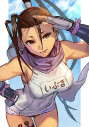 Rule 34 | 1girl, bare shoulders, breasts, brown eyes, brown hair, character name, cowboy shot, fingerless gloves, gloves, hungry clicker, ibuki (street fighter), large breasts, long hair, one-piece swimsuit, school swimsuit, solo, street fighter, swimsuit, white gloves, white one-piece swimsuit