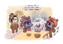 ? animal_costume animal_hood apron artist_name banzoin_hakka bear_costume bear_hood beard_stubble black_hair blue_eyes blue_hair bow braid coll_(erichankun) crossed_bangs ear_flower english_text facial_hair french_braid gavis_bettel goldilocks_and_the_three_bears gradient_hair hair_between_eyes hair_bow hand_on_another&#039;s_head heterochromia holding holding_spoon holostars holostars_english hood josuiji_shinri looking_at_another machina_x_flayon menacing_(jojo) multicolored_hair multiple_boys necktie nervous nervous_sweating orange_necktie pink_eyes pink_hair porridge purple_eyes purple_hair red_bow red_hair shaded_face spoon stubble sweat sweatdrop virtual_youtuber white_hair window