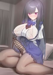 Rule 34 | 1futa, ause, bed, black hair, blush, breasts, bulge, censored, dress, erection, erection under clothes, futanari, huge breasts, pantyhose, penis, pillow, pink eyes, pointless censoring, sitting, solo, testicles