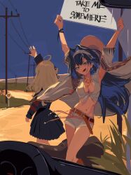 2girls absurdres ahoge alternate_costume arm_up arms_up belt blue_eyes blue_hair blue_sky boots breasts cleavage commentary crop_top denim denim_shorts desert english_commentary english_text hair_intakes hairband hat highres hippie holding holding_sign hololive hololive_english knee_boots light_brown_hair long_hair medium_breasts multiple_girls nanashi_mumei navel official_alternate_costume old_metal_666 open_mouth ouro_kronii outdoors road_sign shirt shorts sidelighting sign skirt sky standing sun_hat tied_shirt virtual_youtuber
